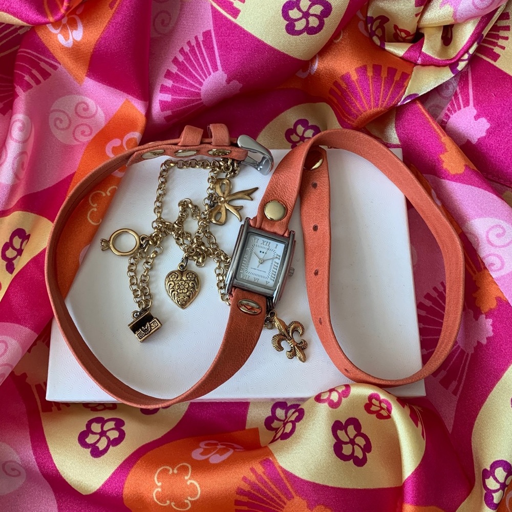 La Mer Collections Coral Silver Toned Wrap Watch with Gold Chain + Charms